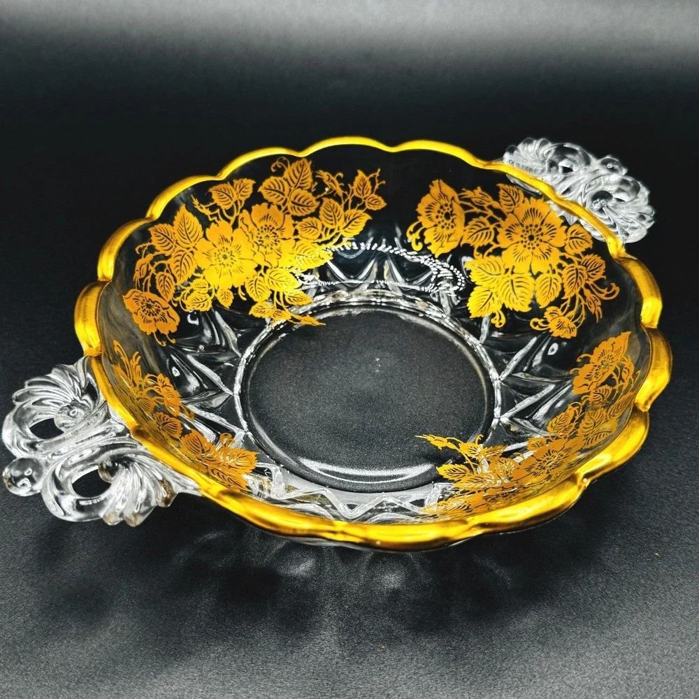 Vintage Gold Encrusted Floral Glass Candy Dish and Bonbon Bowl Hollywood Regency